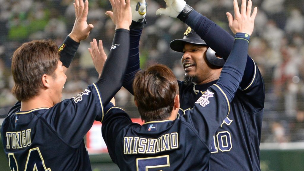 Adam Jones of the Orix Buffaloes hits his first home run in Japan with a  solo shot in the fifth inning against the Lotte Marines at Zozo Marine  Stadium in Chiba, near Tokyo, on June 23, 2020. (Kyodo)==Kyodo Photo via  Credit: Newscom/Alamy Live News