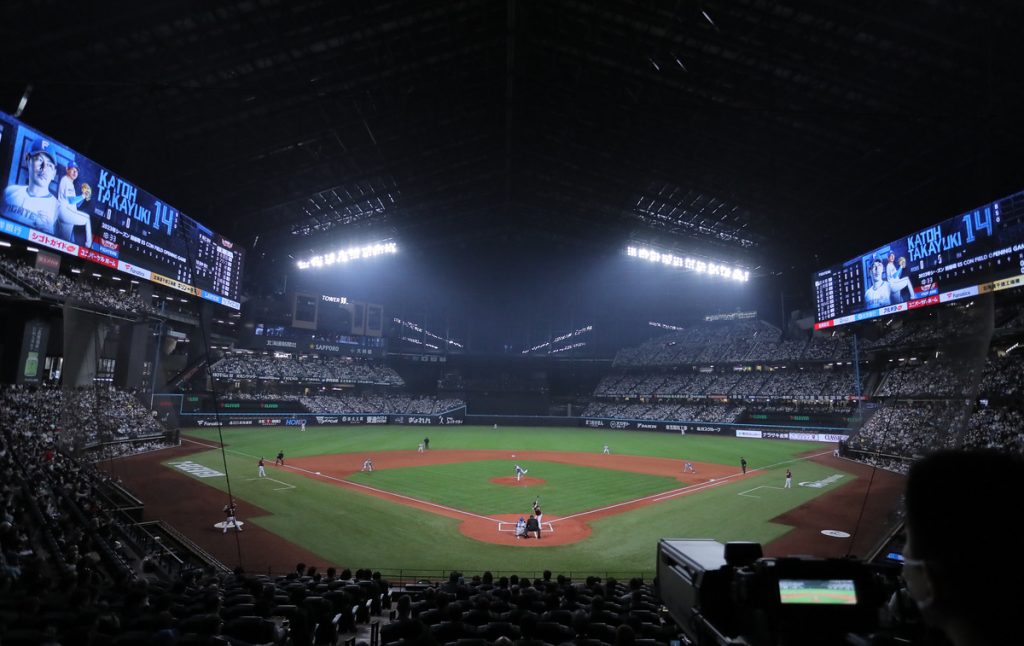 DeNA BayStars pitcher Trevor Bauer is pictured during a postgame hero  interview following a 5-3 Central League win against the Hanshin Tigers at  Yokohama Stadium in Yokohama near Tokyo on June 25