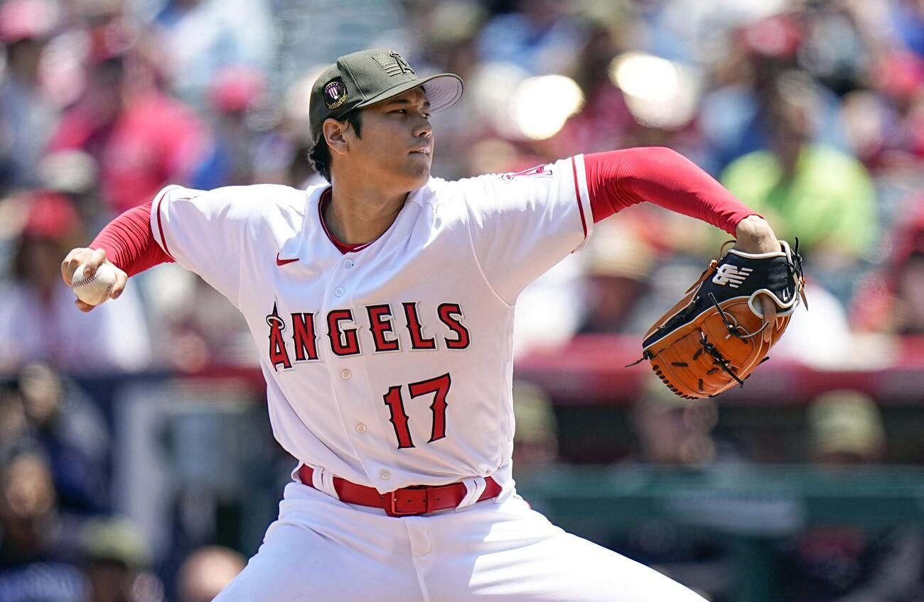 Los Angeles Angels pitcher Shohei Ohtani on the ice with Anaheim